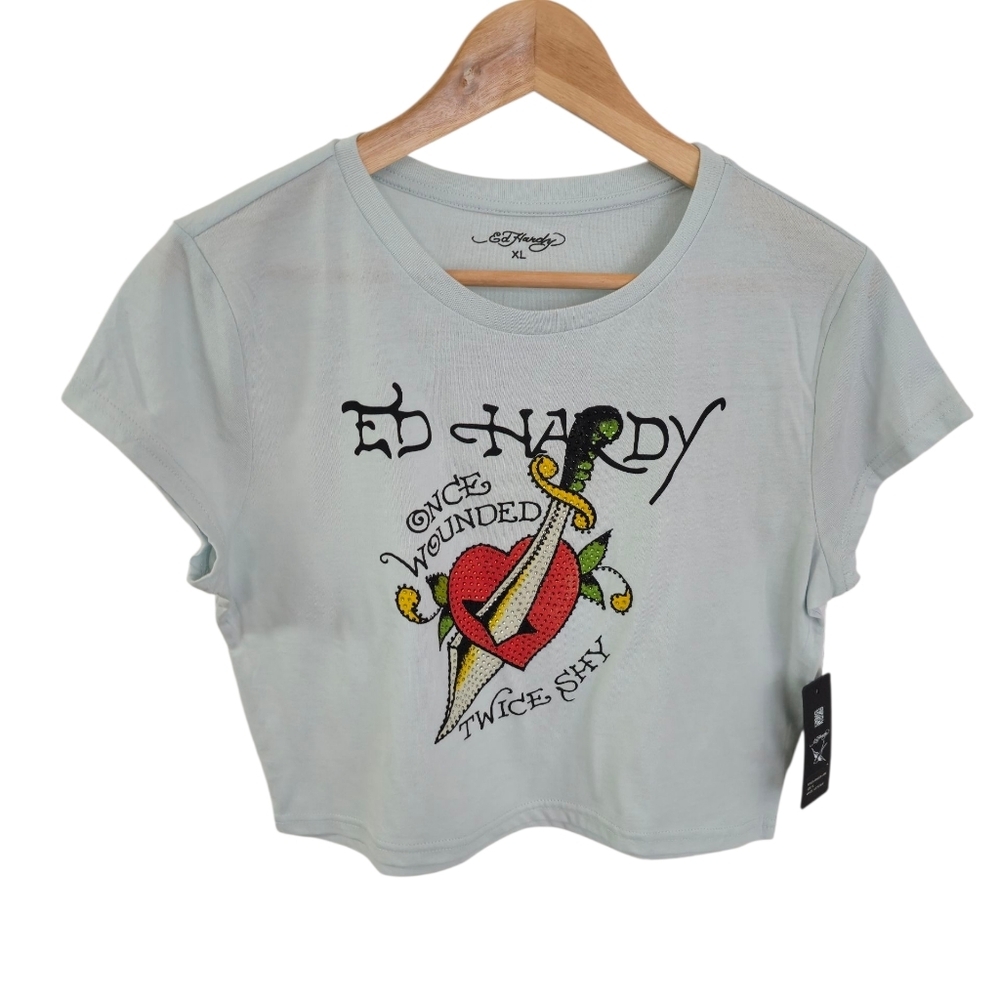 NWT Ed Hardy Women's Once Wounded Baby Tshirt Rhinestones Arctic Blue Size XL